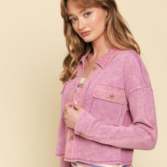 MYSTREE Mauve Cropped Shacket Button Front Waffle Texture Overshirt - Picture 1 of 6